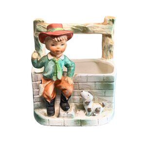 Vintage Hand-Painted Ceramic Boy with Dog at Wishing Well Planter 5" Tall
